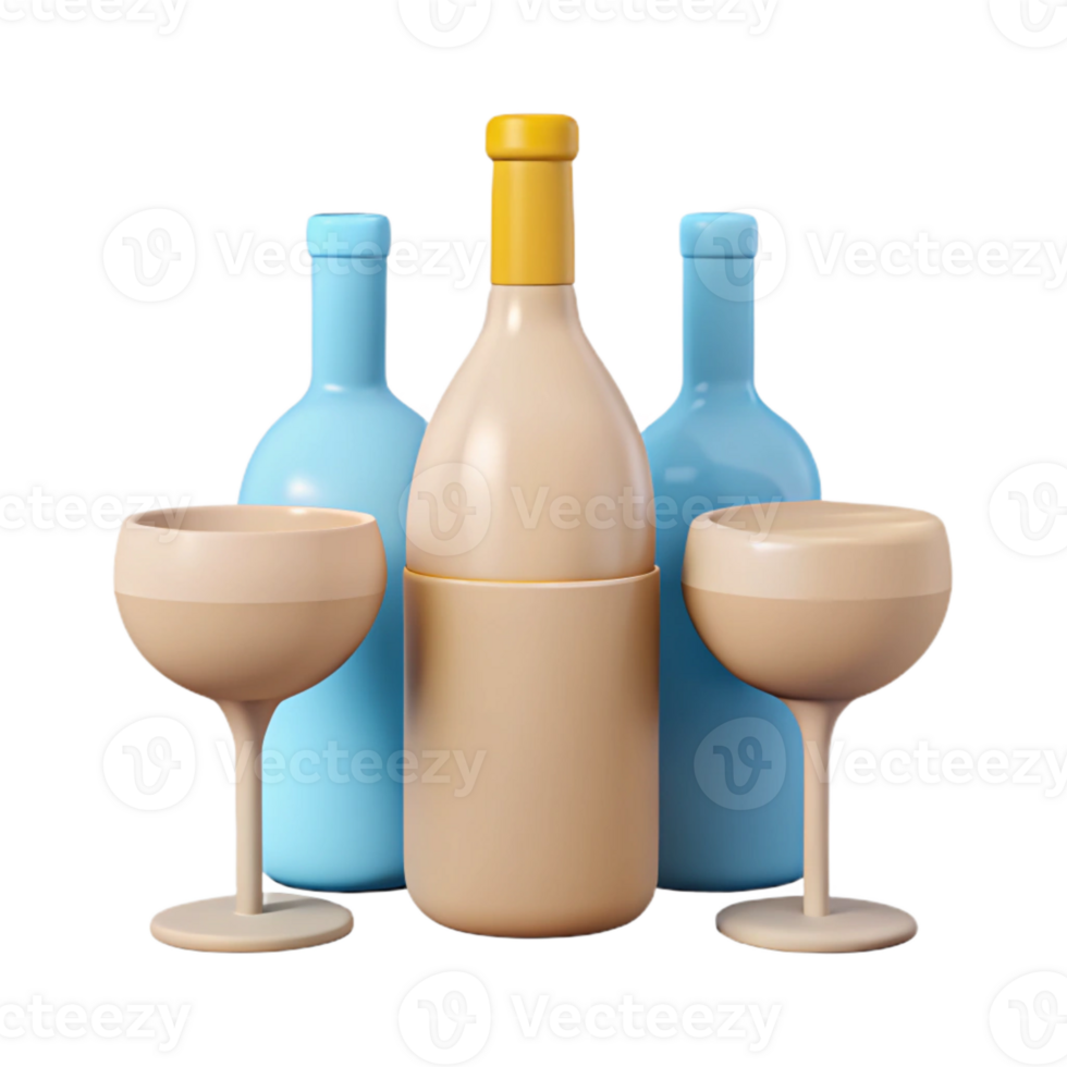 Three Bottles and Two Wine Glasses png