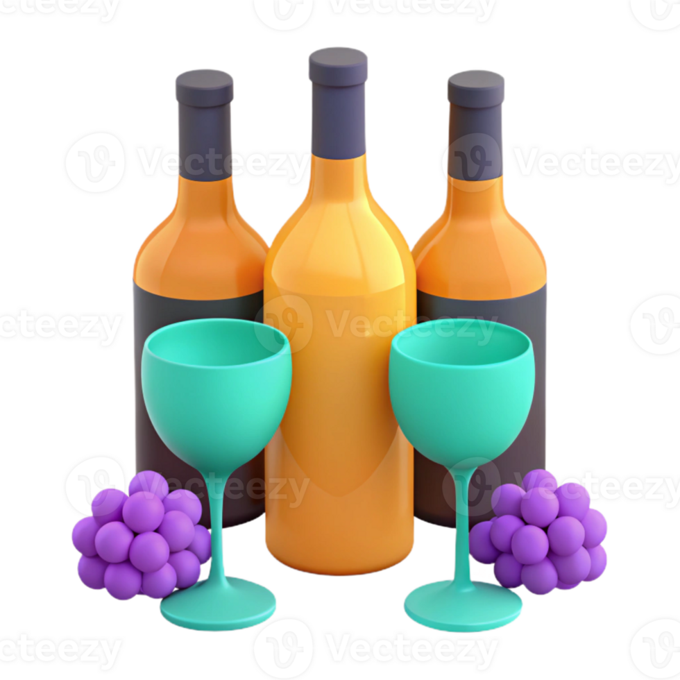 Three Bottles of Wine with Grapes and Glasses png