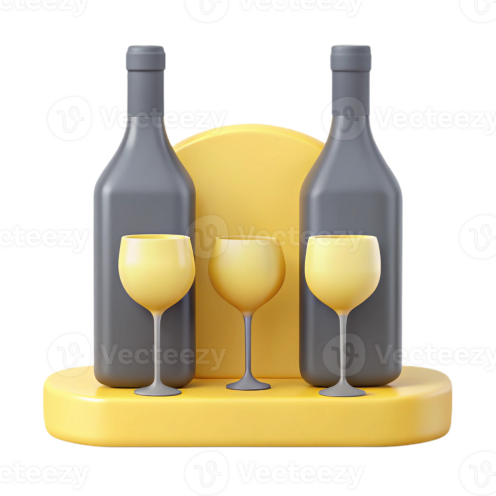 Two Wine Bottles and Three Glasses on Yellow Shelf png