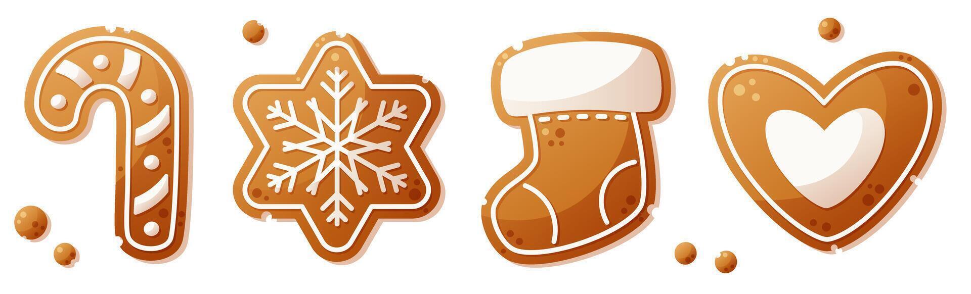 A large set of gingerbread cookies of different shapes. Christmas lollipop, snowflake, sock, heart. Christmas gingerbread, New Year cookies decorated with white icing. vector