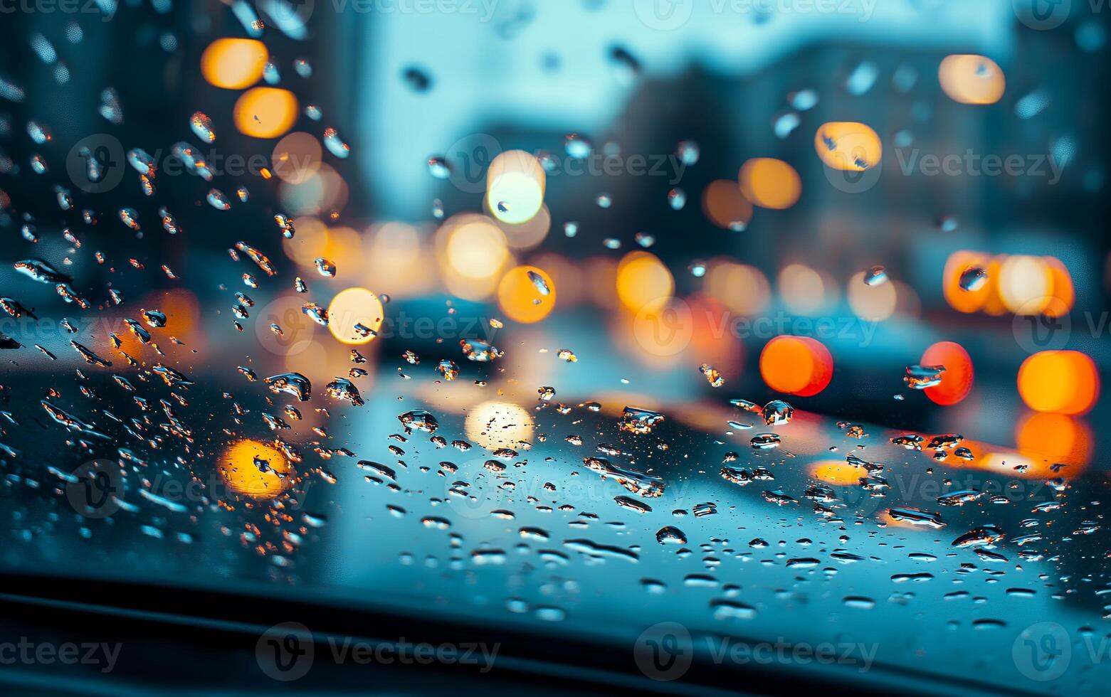 Blurred city lights through a rain-covered car windshield, creating a vibrant bokeh effect with orange and yellow circles against a dark blue background photo