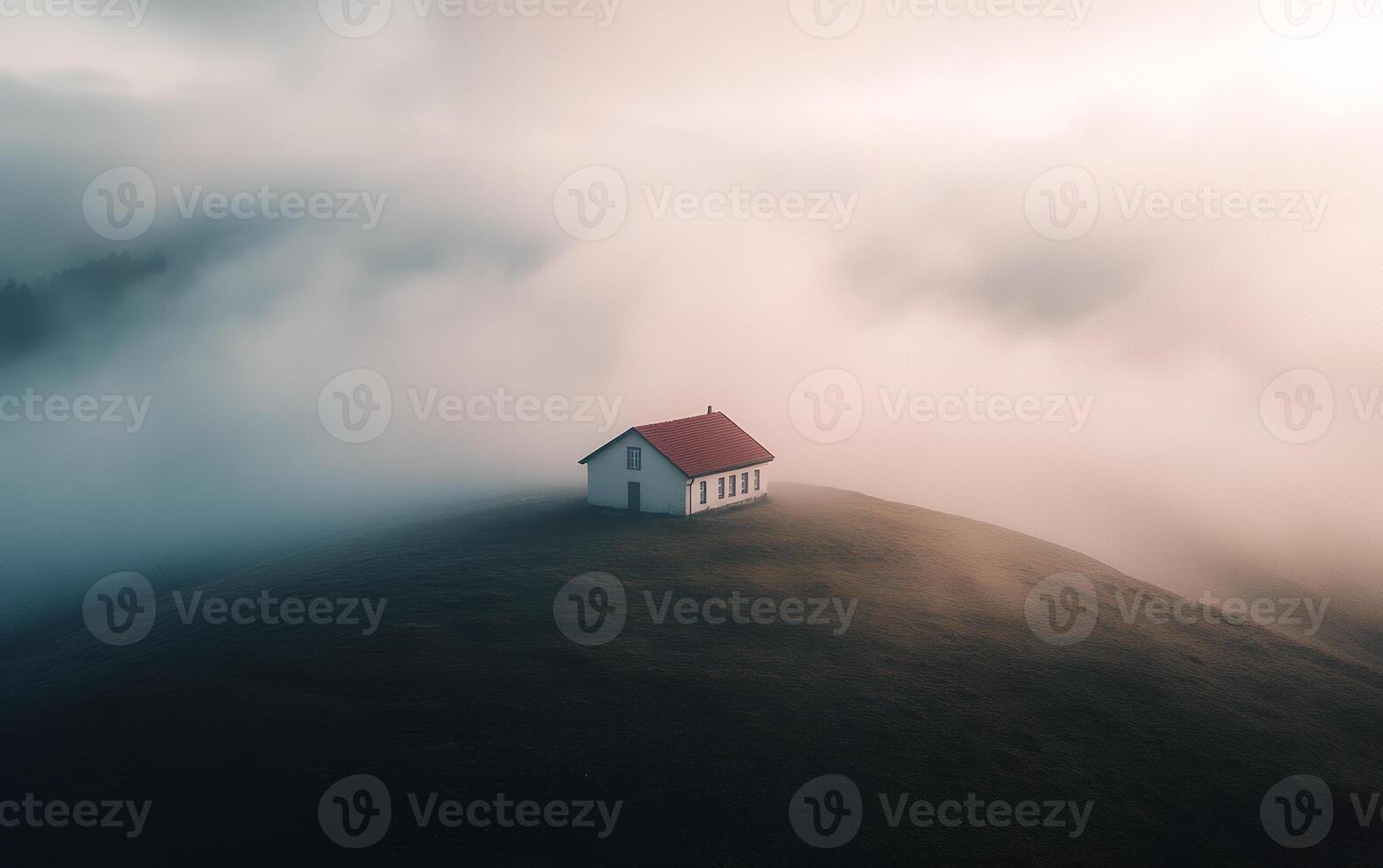 Lone white house with red roof perched on a grassy hilltop, surrounded by ethereal mist and fog, creating a dreamlike and serene atmosphere photo