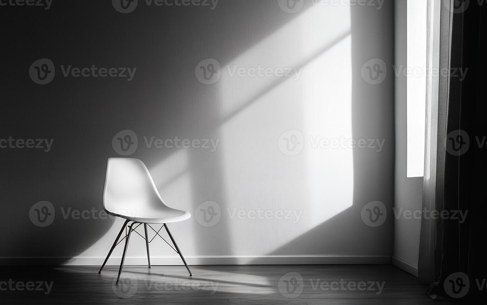 A lone white modern chair stands in an empty room, dramatic shadows cast by sunlight streaming through a window, embodying minimalist design and simplicity photo