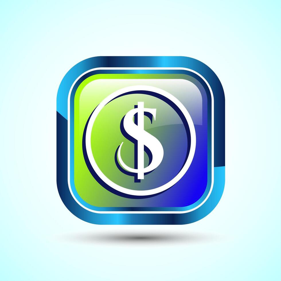 Dollar icon design illustration, Money icon sign for financial apps and websites, Glossy Square Button Design vector