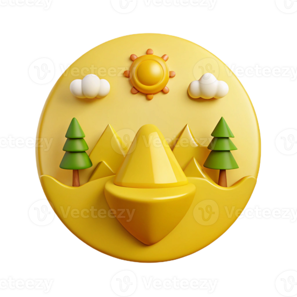 3D Render of a Mountain Landscape with Sun, Clouds, and Trees png