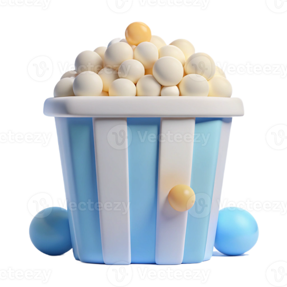 Blue and White Striped Popcorn Bucket with White Popcorn Balls png