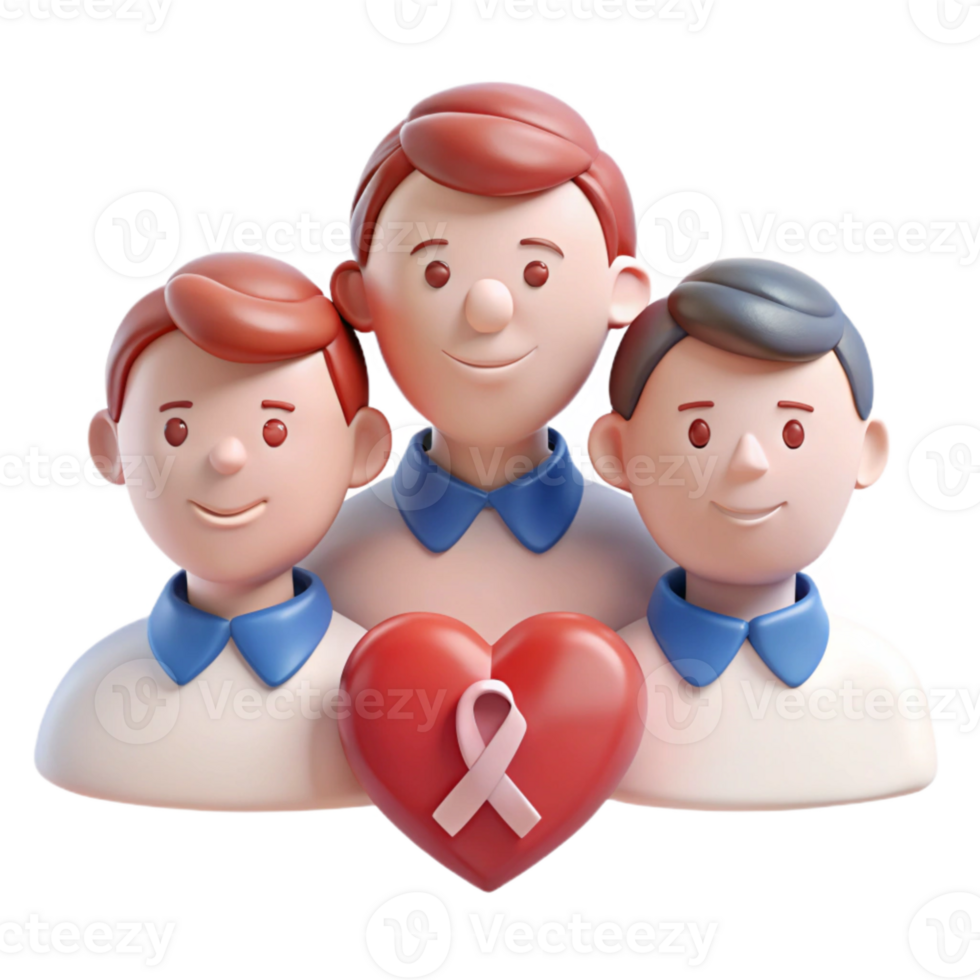 3D Illustration of Three Friends Supporting a Cause with a Pink Ribbon on a Heart png
