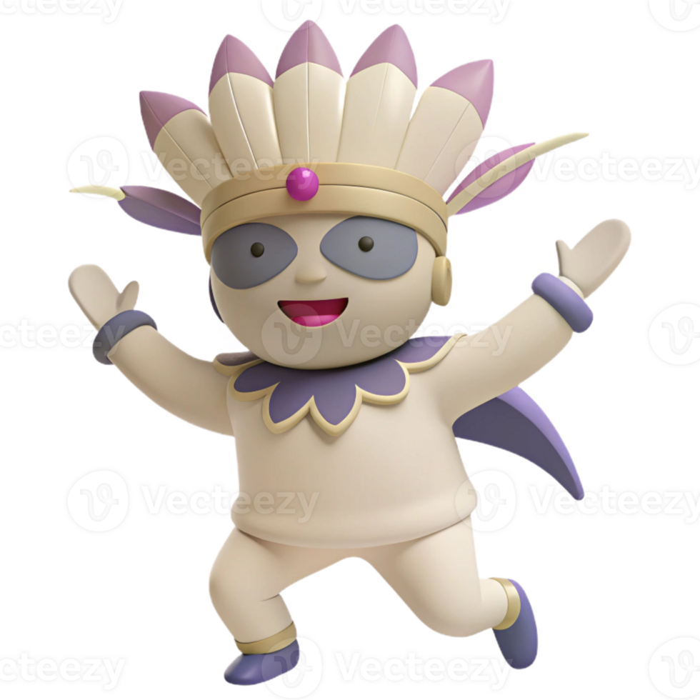 3D Character with Feathers, Crown and Cape Jumps with a Smile png