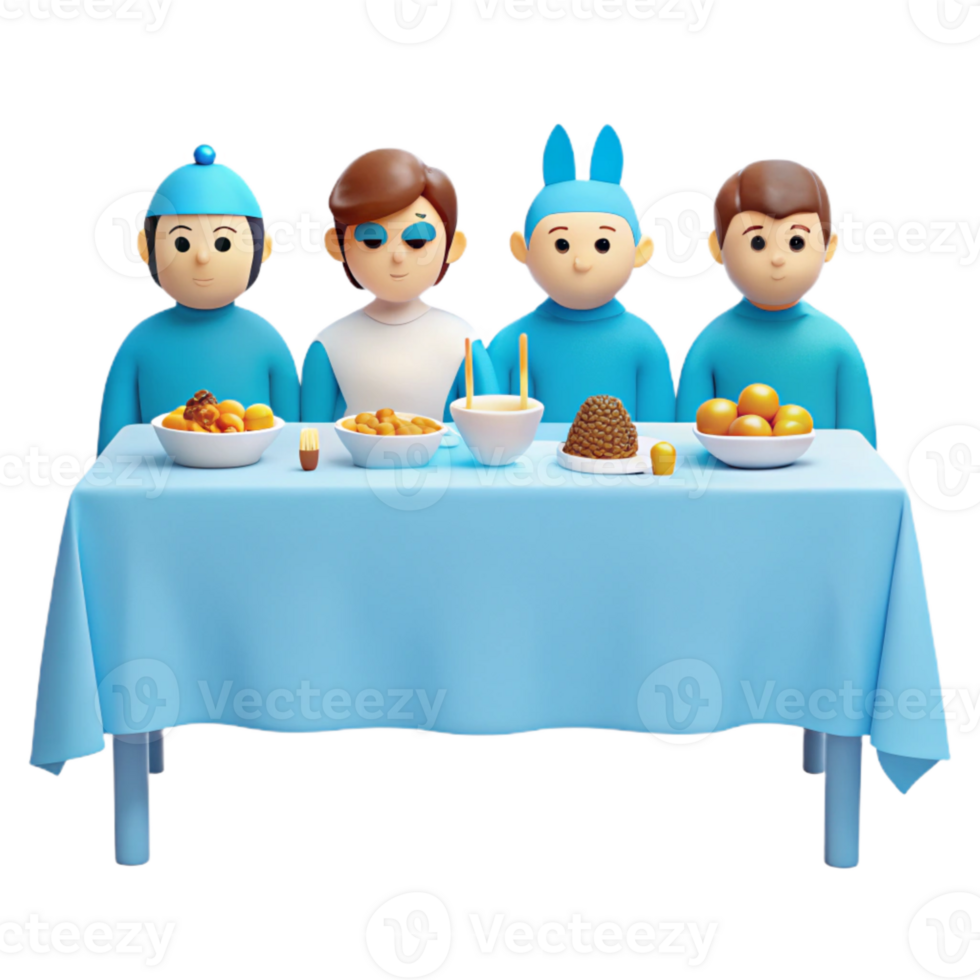 3D Rendered Illustration of Four Friends Sitting at a Table with Food png
