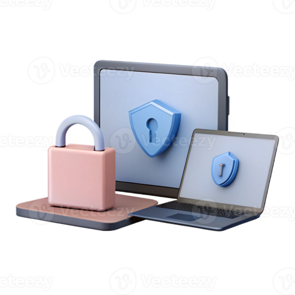 Secure Your Devices 3D Illustration of Laptop and Desktop with Padlock and Shield Icons png