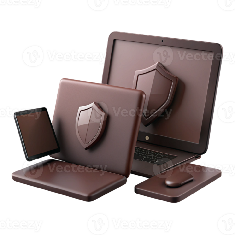 Chocolate Laptop, Tablet and Mouse with Shield Symbol - Digital Security Concept png