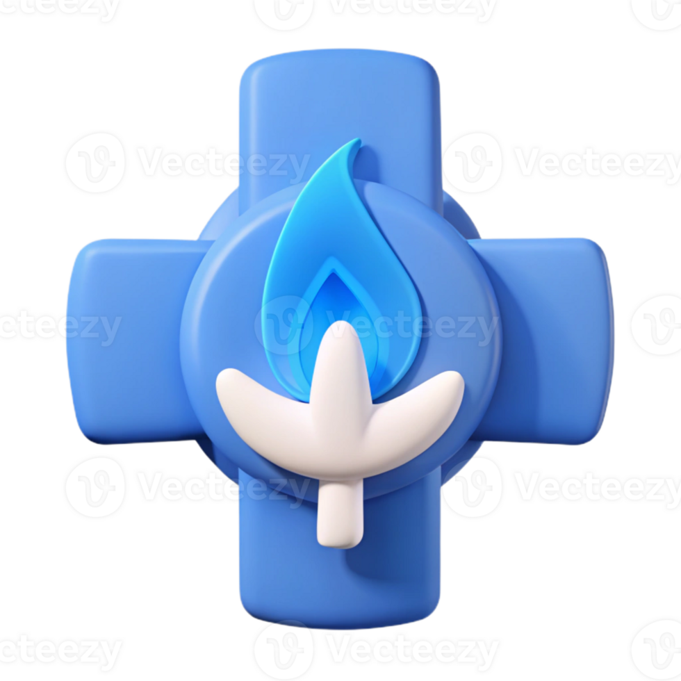 3D Render of a Blue Cross with a White Dove and a Blue Flame png