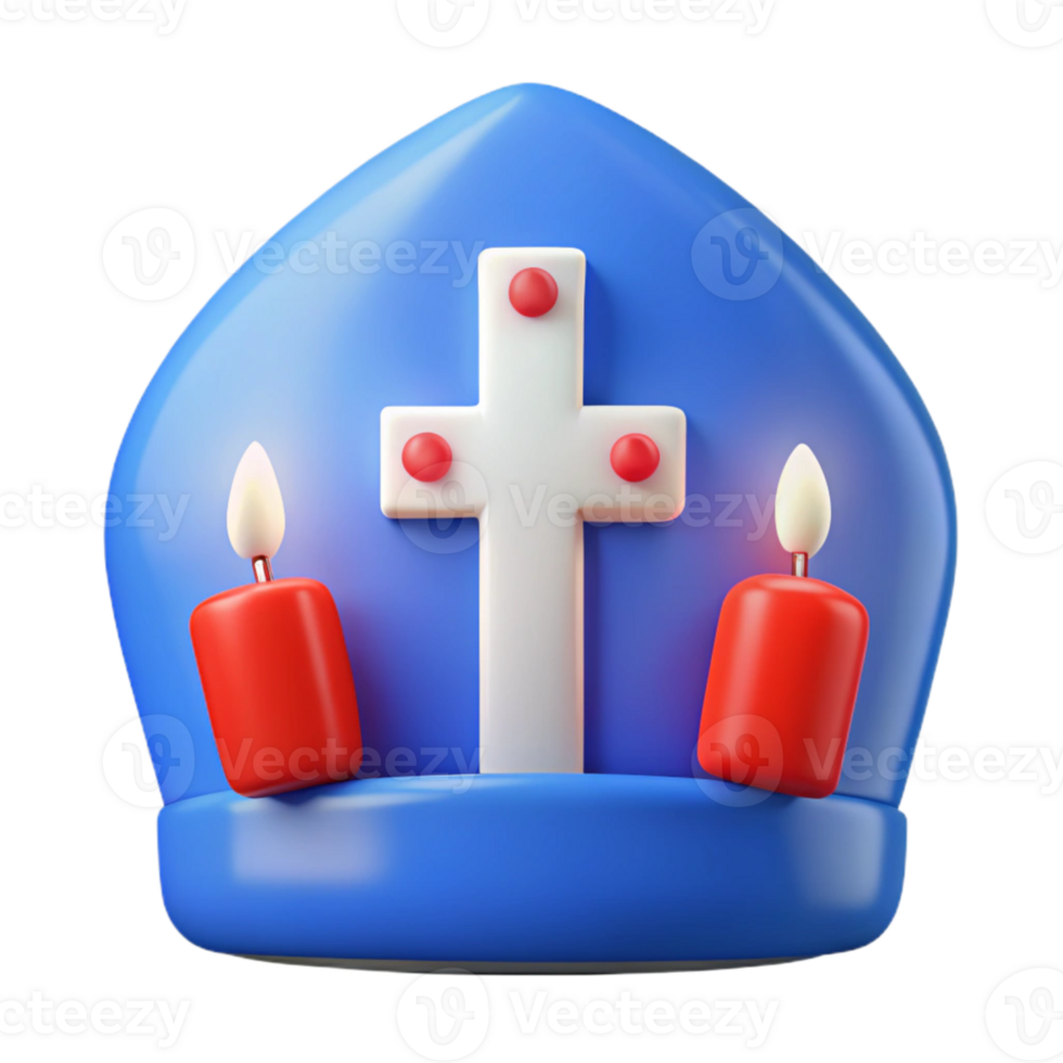 3D Render of a Blue Religious Icon with a White Cross and Two Red Candles png