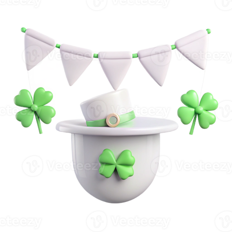 3D Render of a Leprechaun Hat with Shamrocks and Bunting png