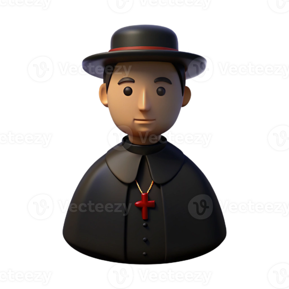 3D Render of a Person Wearing a Black Robe and Hat with a Red Cross Necklace png
