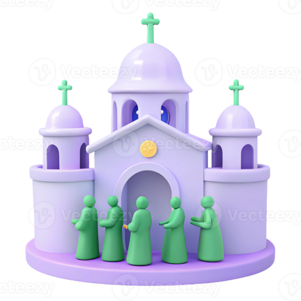 3D Render of a Church Building with People Waiting in Line png