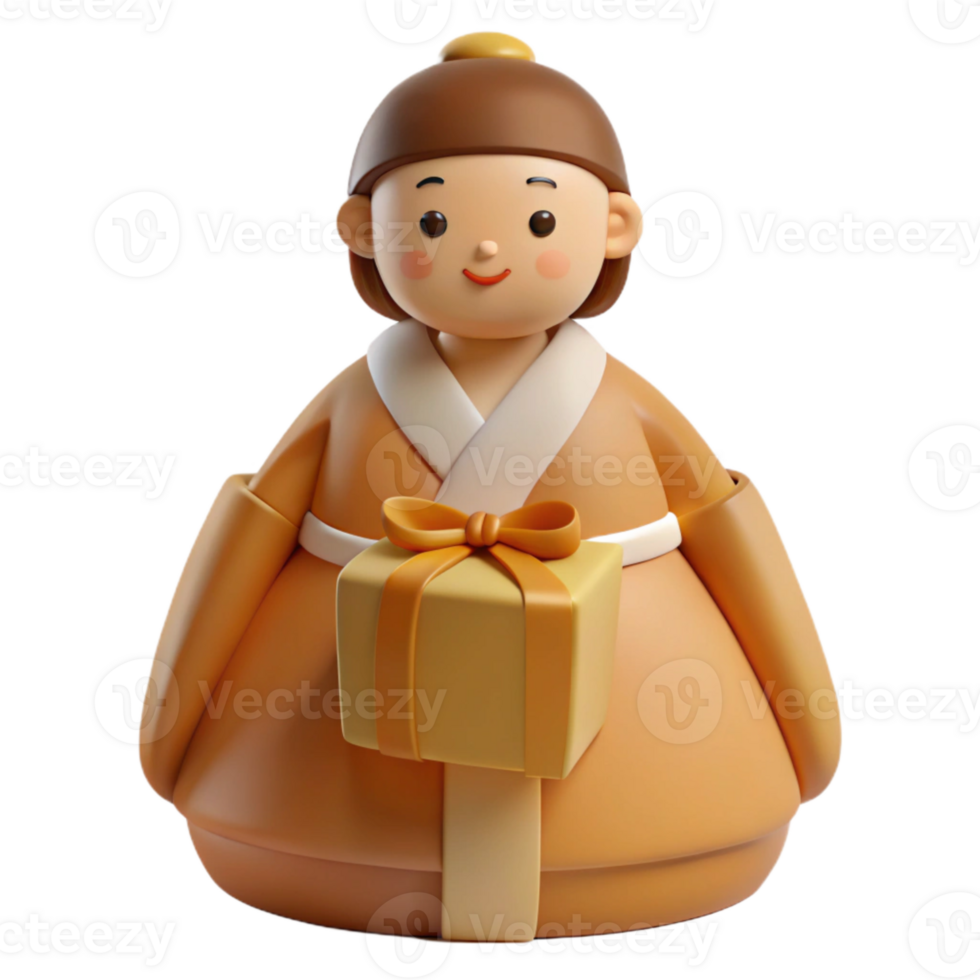 Smiling 3D Cartoon Character in Traditional Dress Holding a Gift png