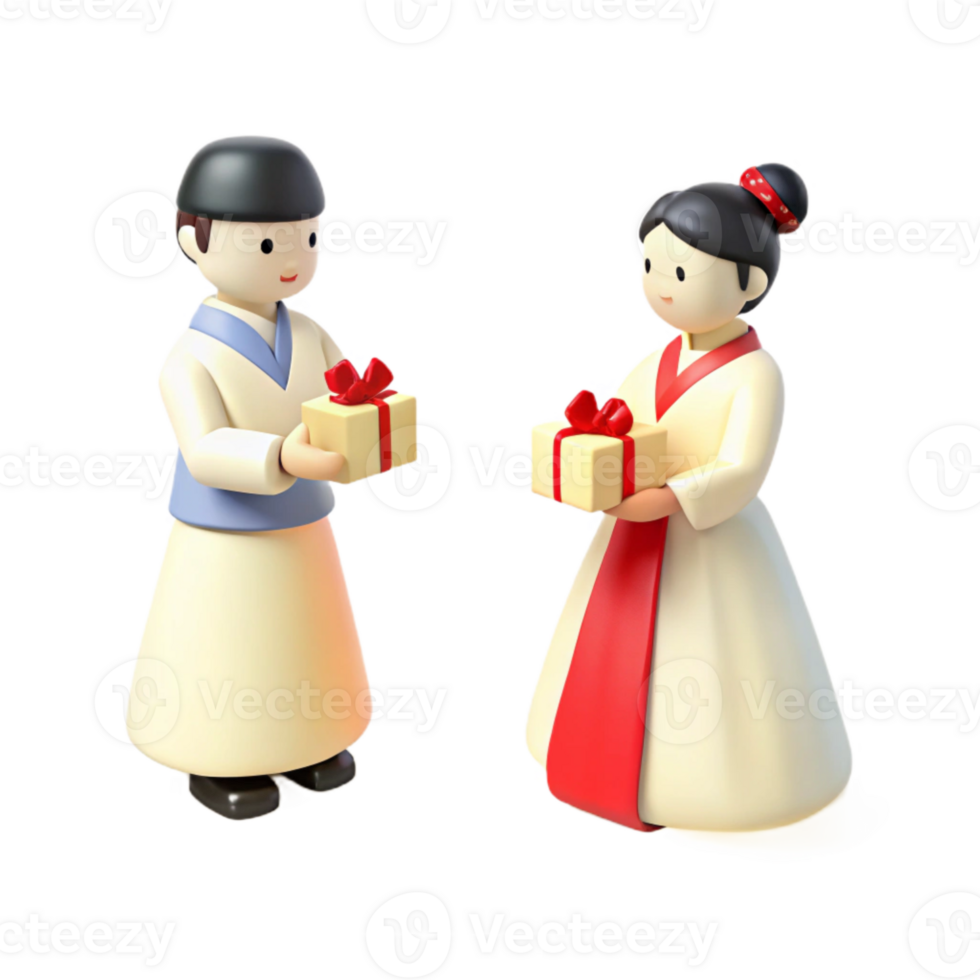 3D Illustration of Couple in Traditional Clothing Giving Gifts png