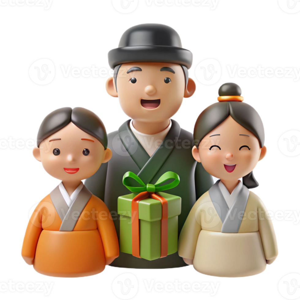 Happy Family in Traditional Asian Clothing Holding a Gift png