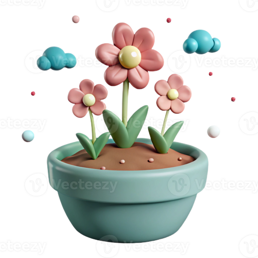 3D Rendered Flower Pot with Pink Flowers and Clouds png