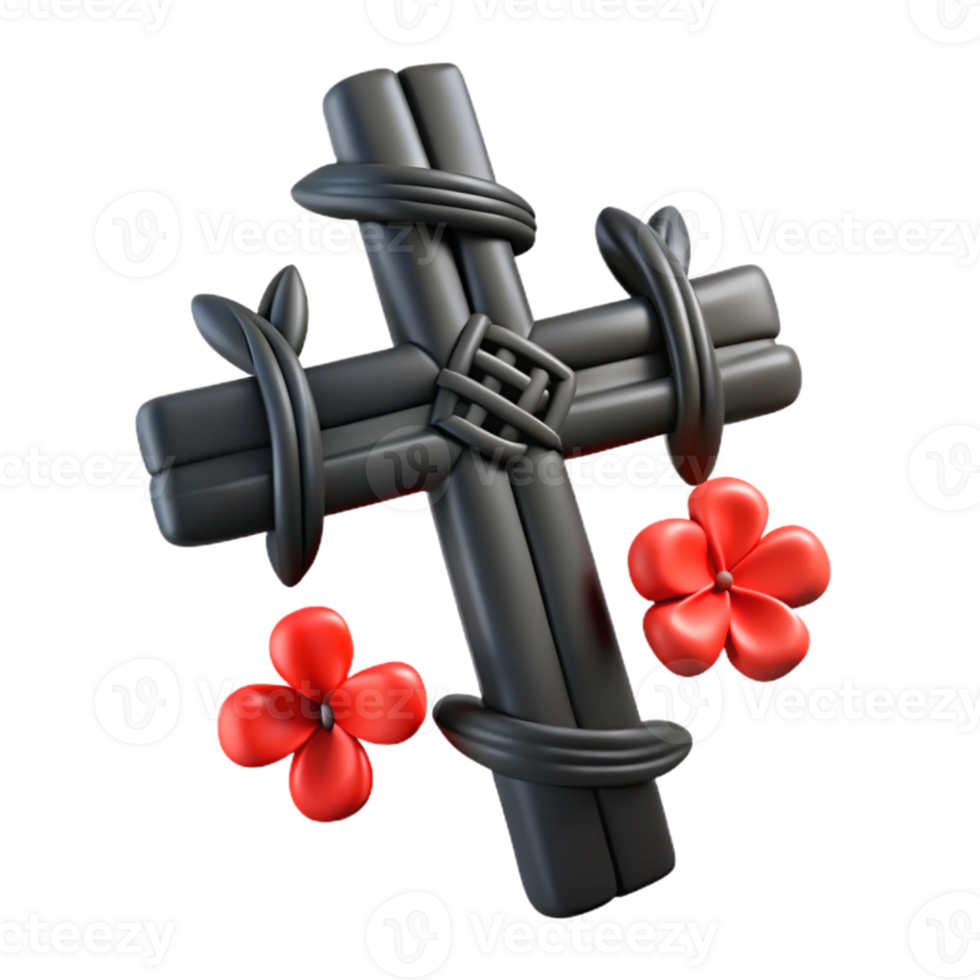 3D Render of a Black Cross with Red Flowers png
