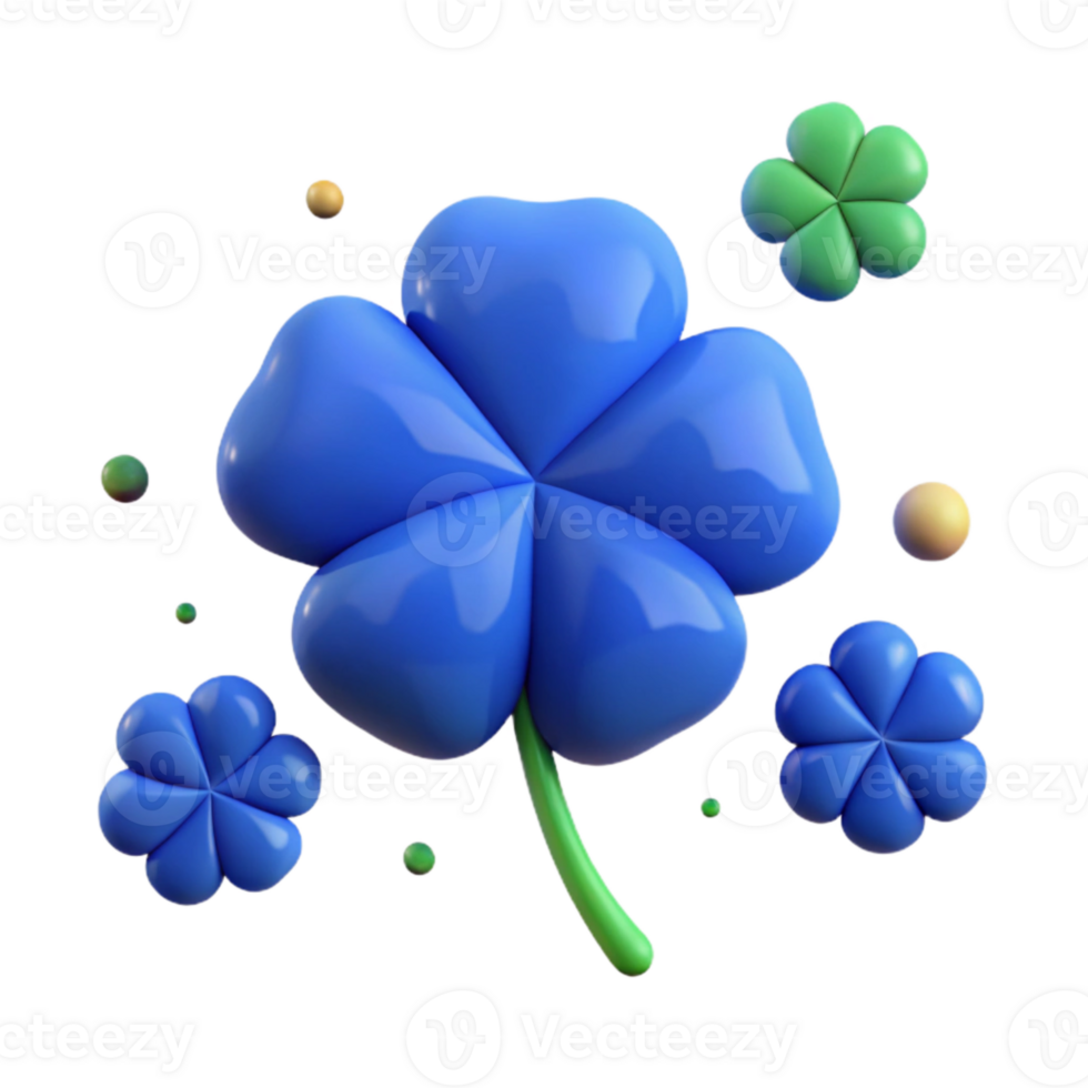 3D Rendered Blue Four-Leaf Clover With Stem png