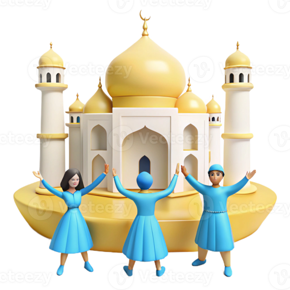 3D Render of People Celebrating in Front of a Mosque png