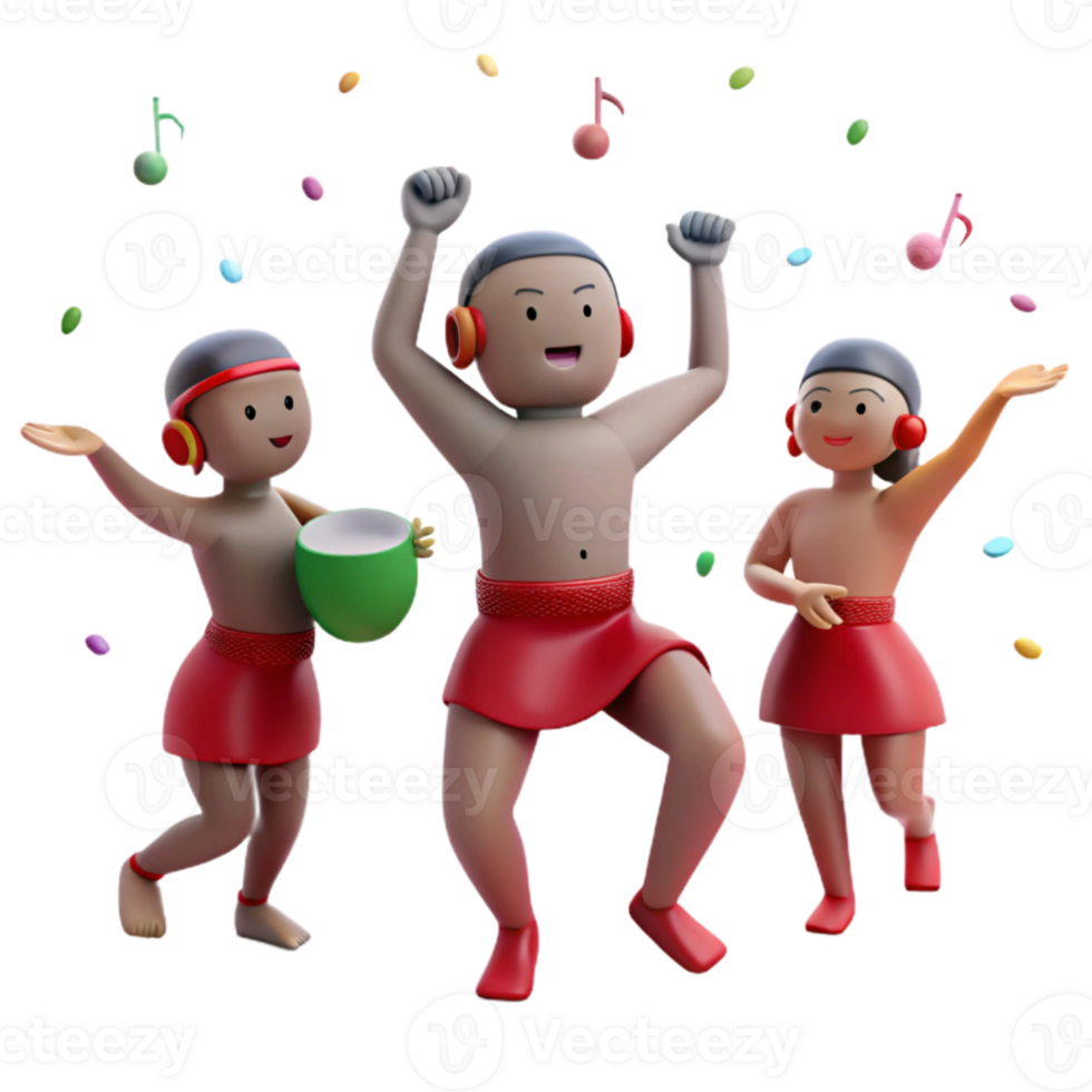 3D Cartoon Characters Dancing and Celebrating with Confetti and Music Notes png