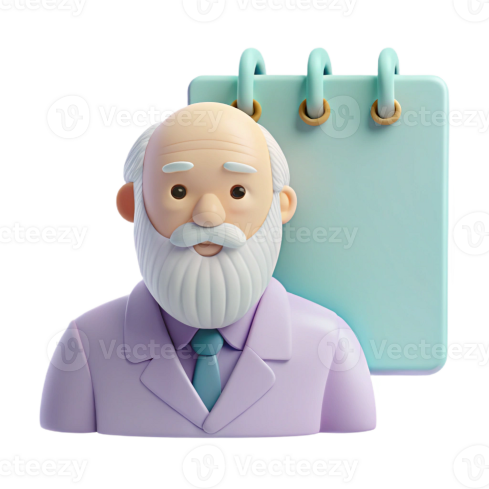3D Illustration of a Smiling Elderly Man in a Suit Holding a Blank Calendar png