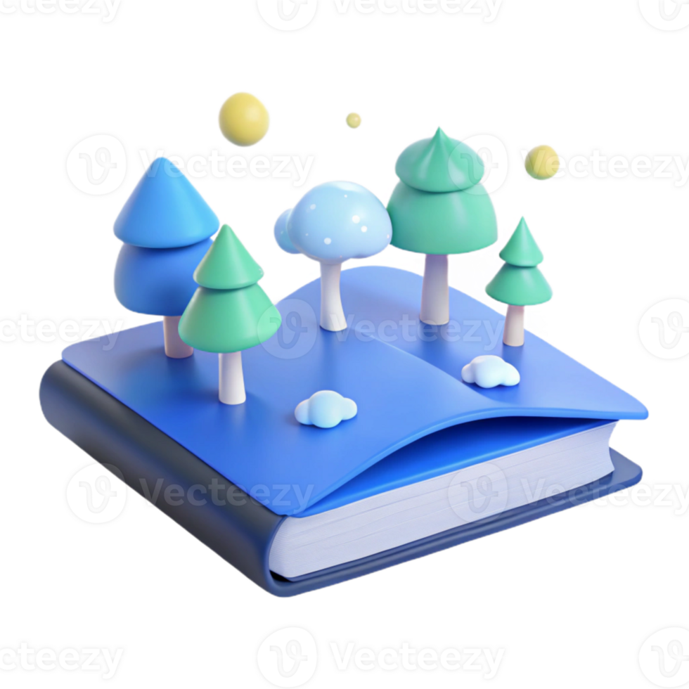 3D Illustration of a Book with Trees and Clouds png
