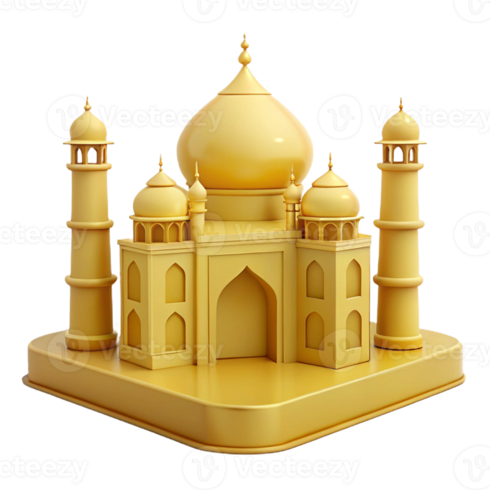 Golden 3D Model of a Mosque with Domes and Minarets png