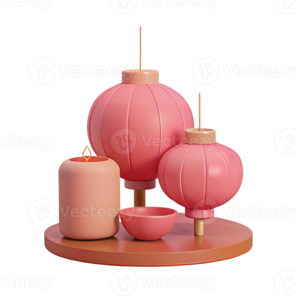 3D Rendered Scene with Pink Lanterns, Candle, and Bowl png