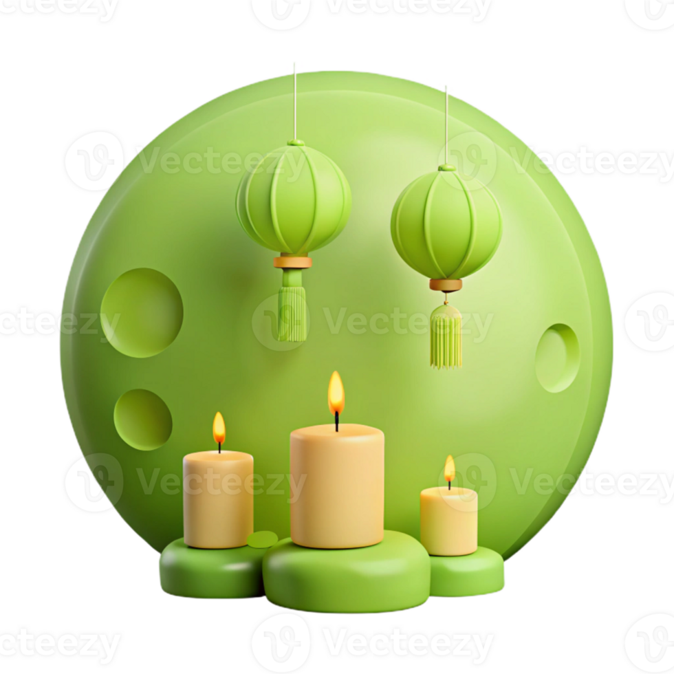 Three Candles and Two Lanterns Against a Green Background png