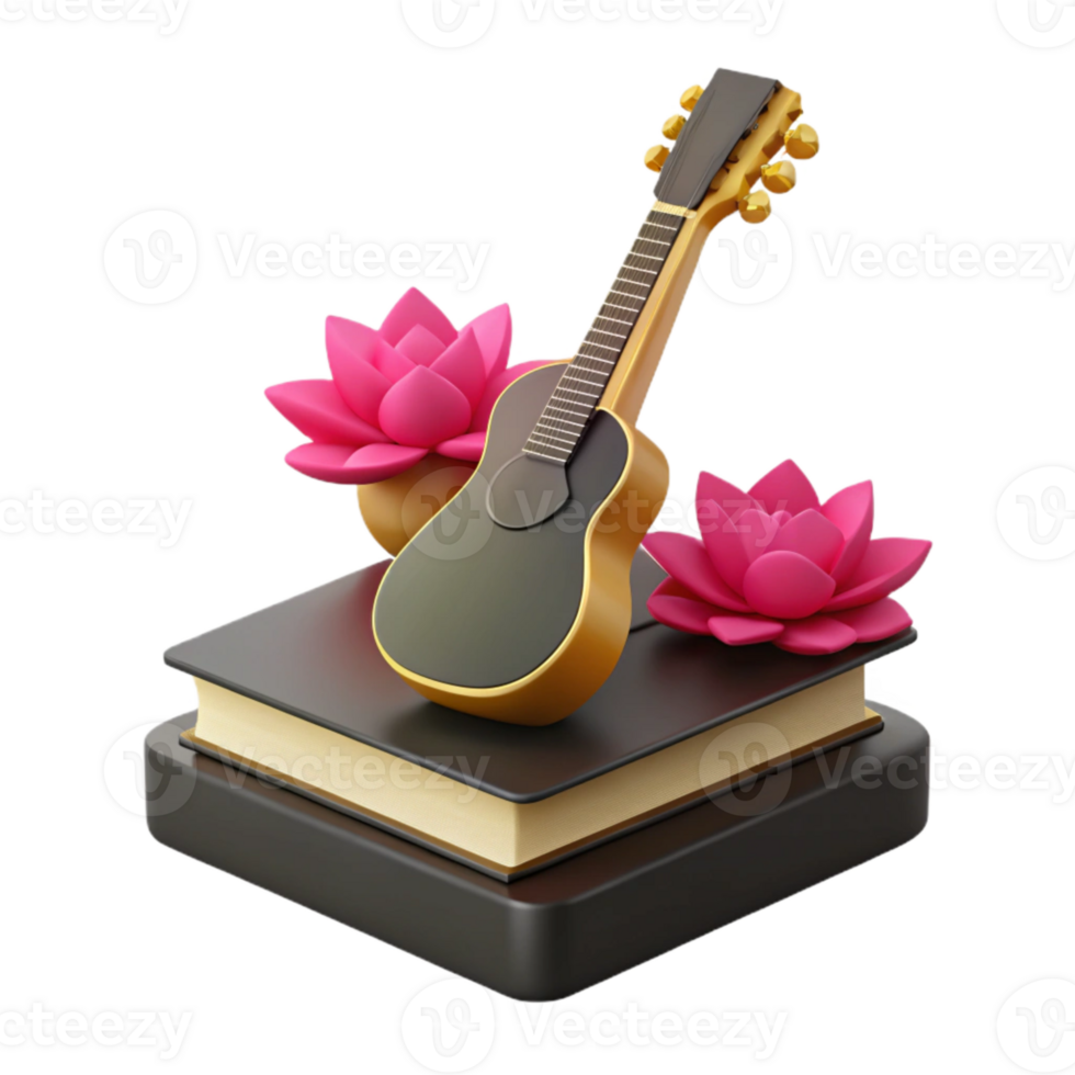 3D Render of a Guitar with Pink Flowers on a Book png