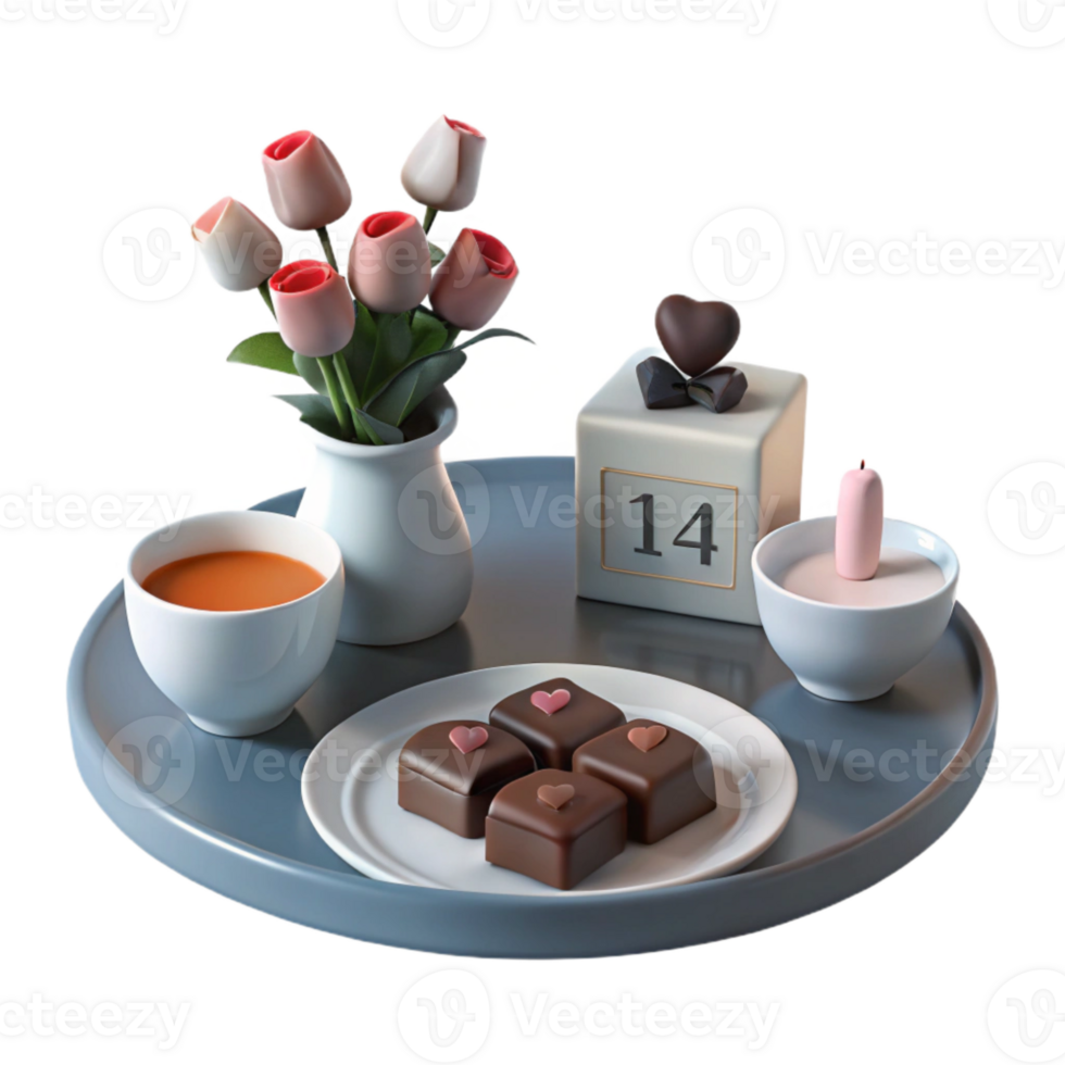 Romantic Tray with Chocolates, Tea, and Flowers png