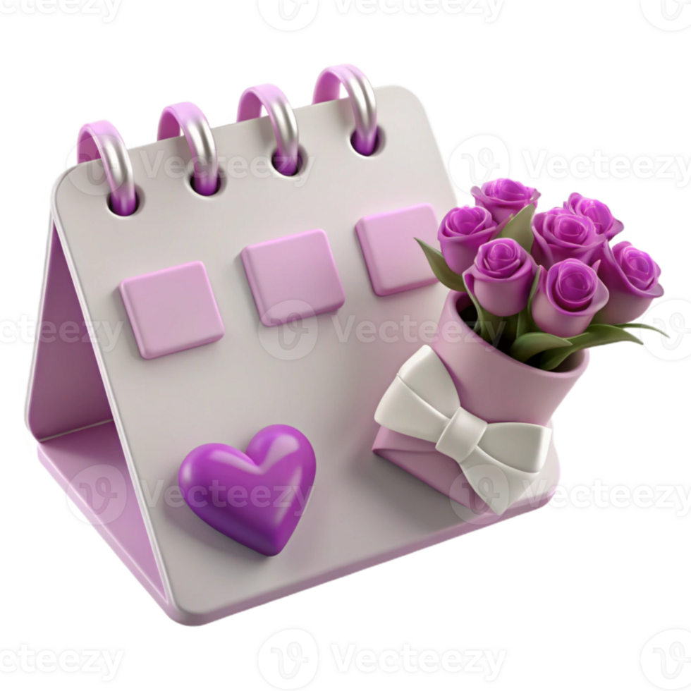 3D Calendar with Heart and Flowers png