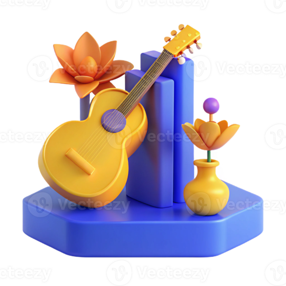 3D Render of a Guitar, Flowers, and a Vase on a Blue Platform png