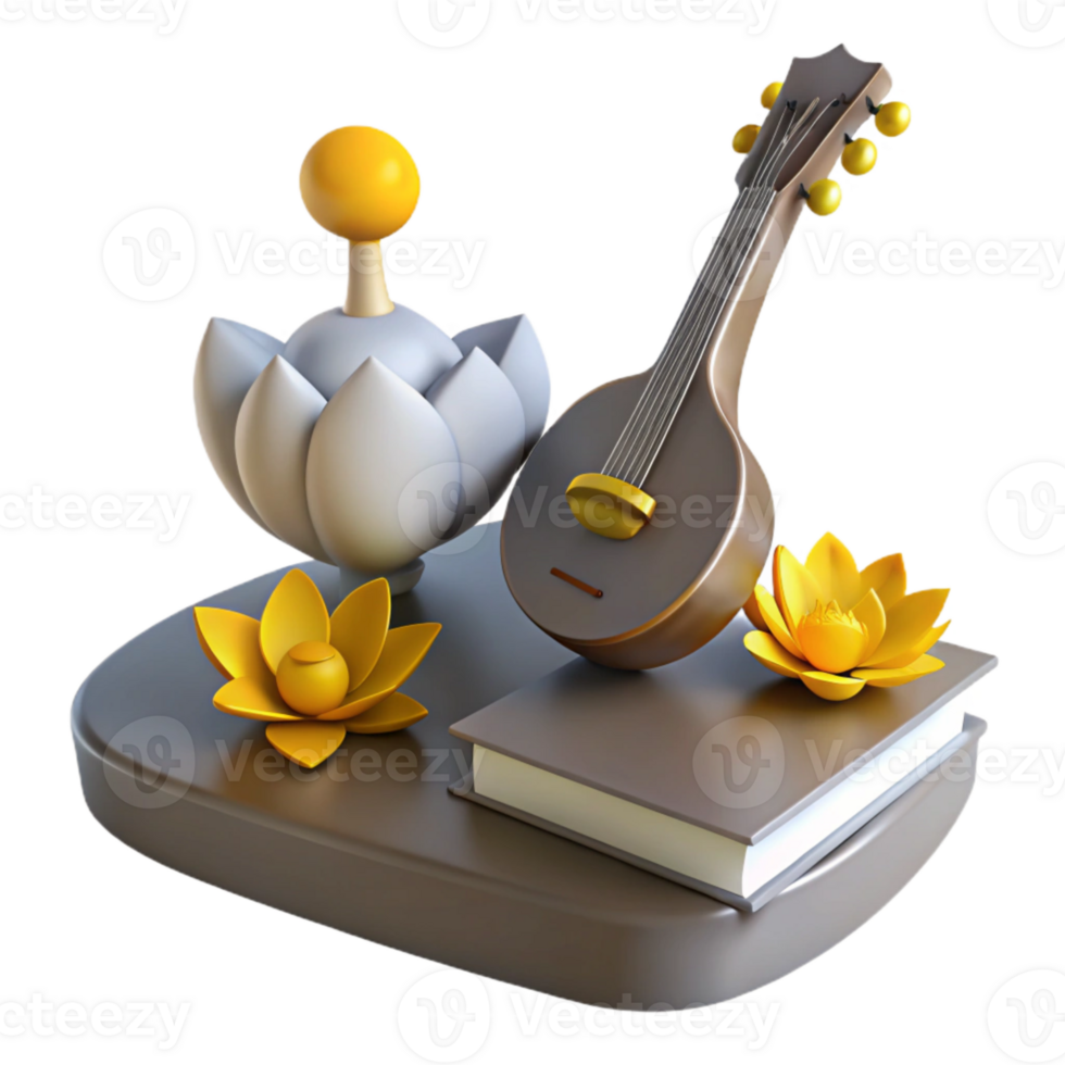 3D Render of a Book, a Lute, and Lotus Flowers png