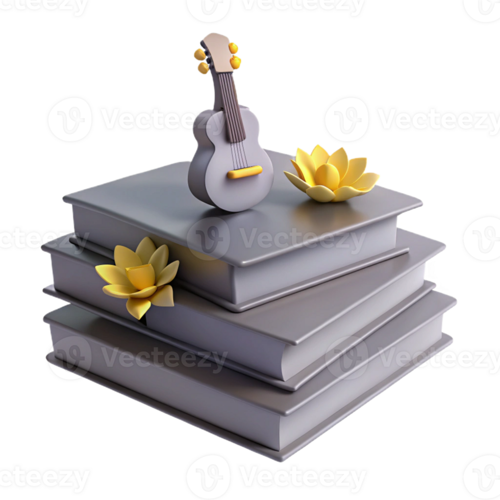 Stack of Books with Guitar and Flowers png