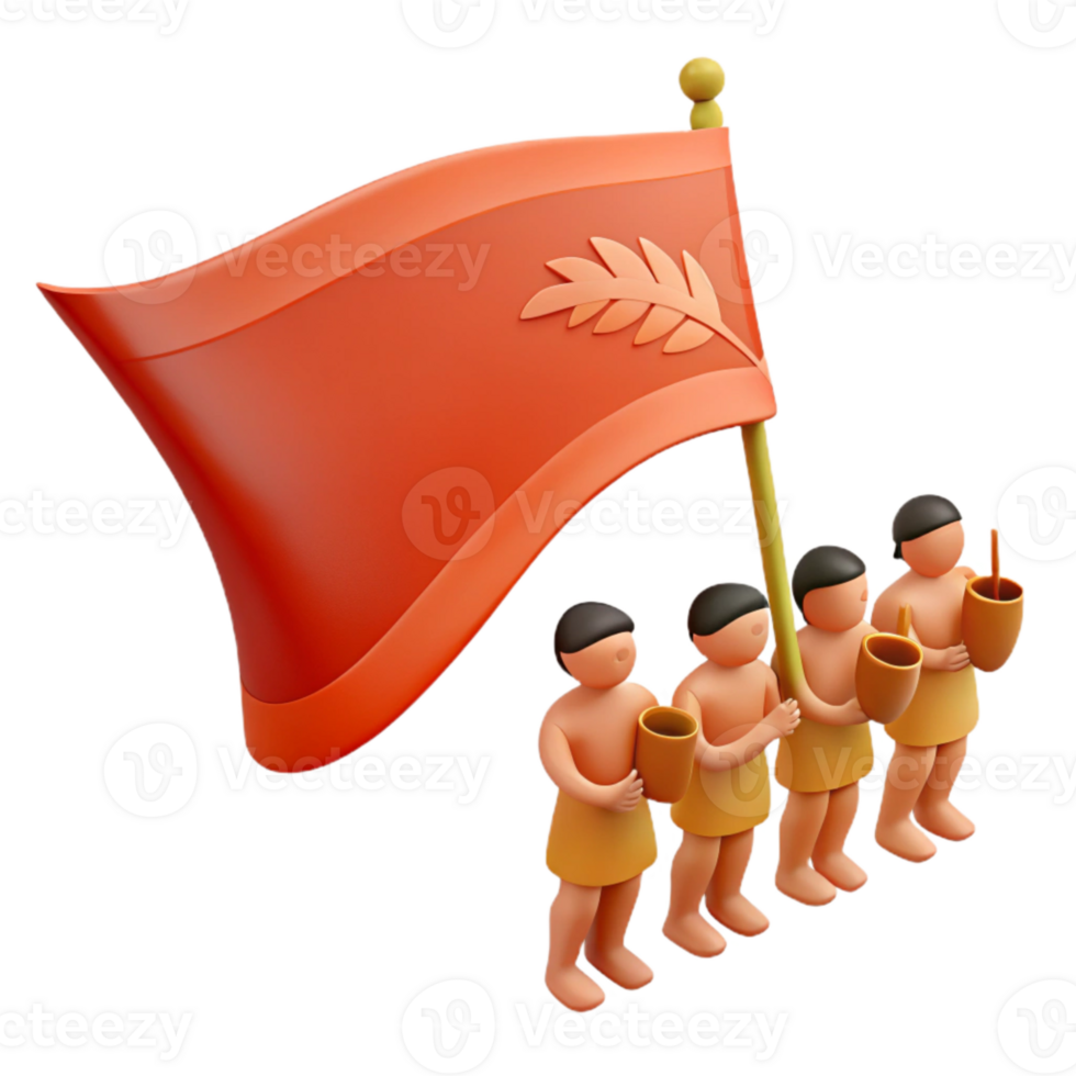 3D Render of People Marching Under a Flag with a Leaf Design png