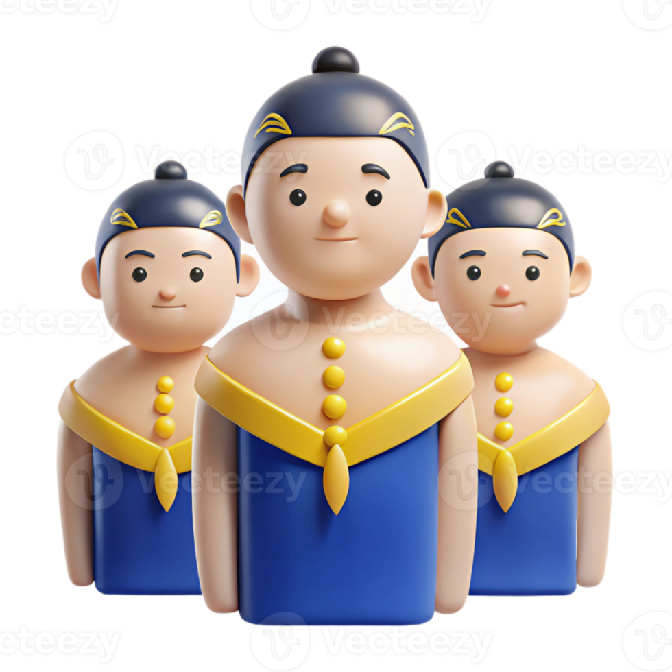 Three 3D Cartoon Characters in Traditional Clothing png
