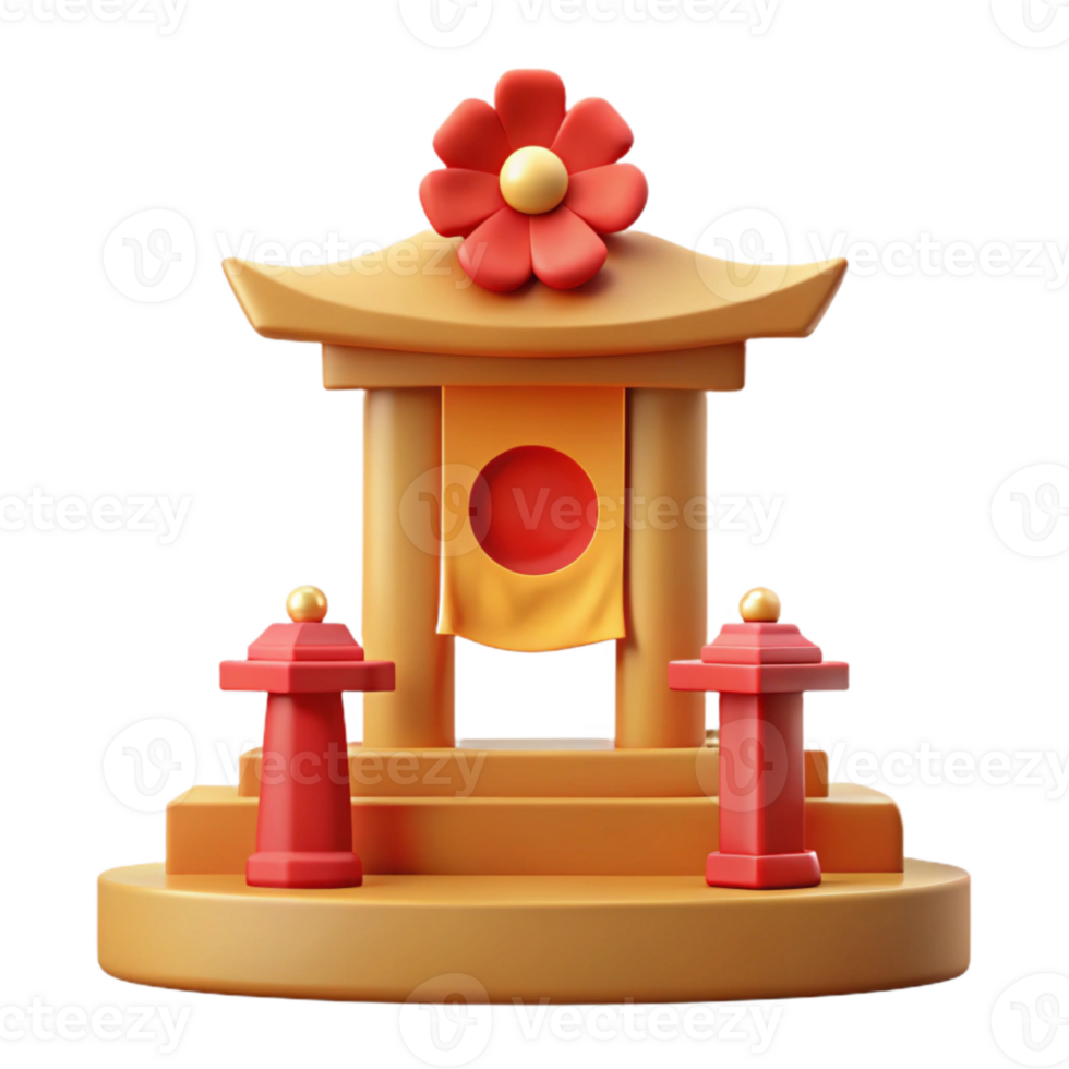3D Render of a Traditional Asian Temple with Red Flower and Lanterns png