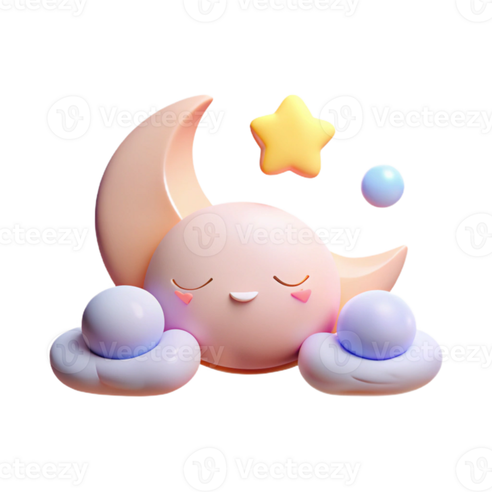 Cute 3D Moon and Star Illustration with Clouds png