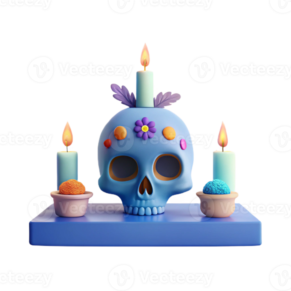 Sugar Skull Candlestick with Three Burning Candles png