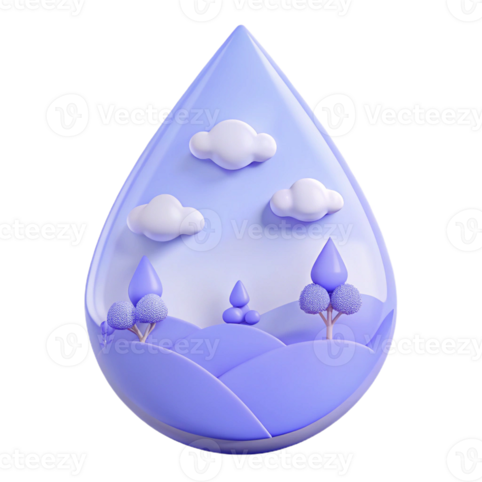 3D Render of a Water Drop with Clouds, Trees, and Hills in a Purple Color Scheme png