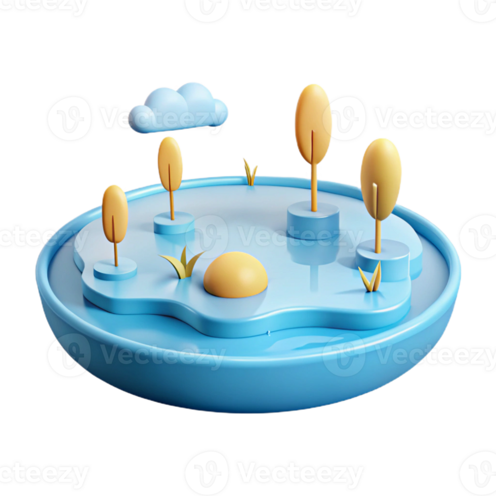 3D Rendered Scene with a Pond, Trees, and a Cloud png