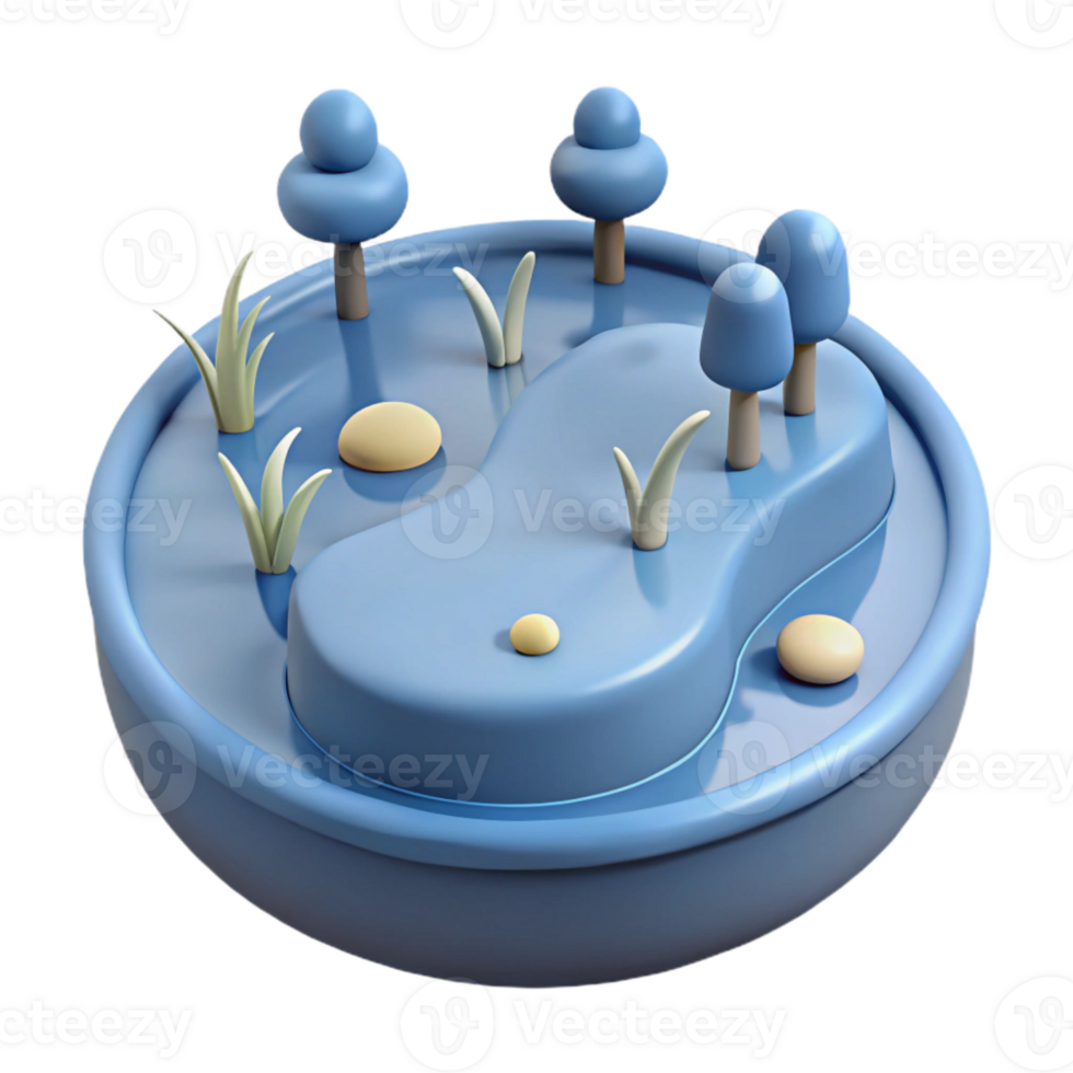 3D Render of a Small Pond with Trees and Grass png