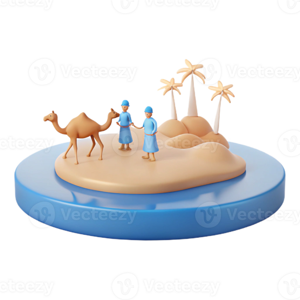 3D Render of Desert Oasis with Palm Trees, Camel, and Figures png
