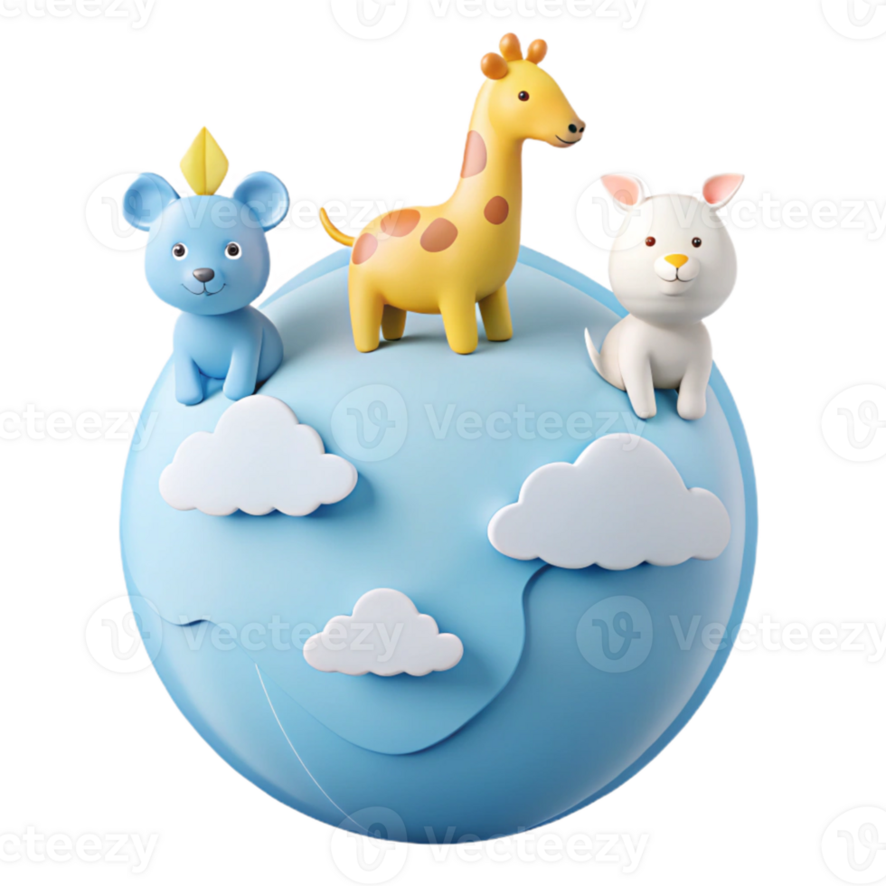 Cute Cartoon Animals on a Blue Planet with Clouds png
