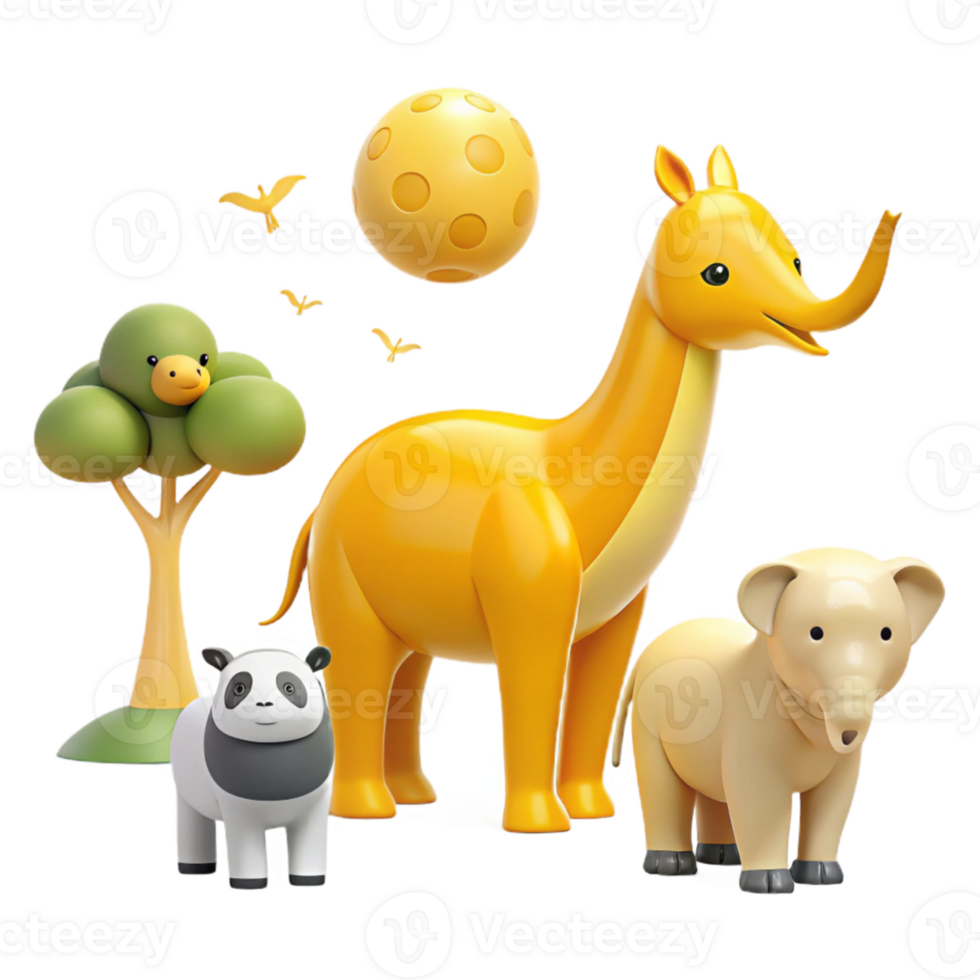 Cute Cartoon Animals with Yellow Moon in the Sky png